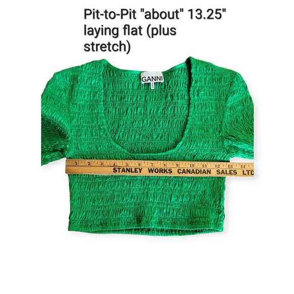GANNI Green Smocked Cropped Top XS Square Neck Short Sleeve Sustainable Fabric - Picture 14 of 16